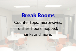 Break Rooms Counter tops, microwaves, dishes, floors mopped, sinks and more.